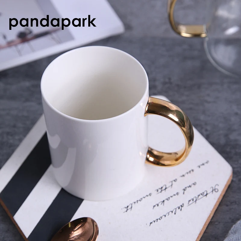 Pandapark Новинка 2018 короткая белая керамическая кофейная кружка с золотыми ручками