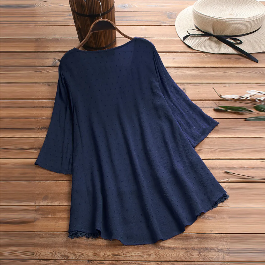 Женская винтажная жаккардовая блузка кружевная большого размера с V-образным