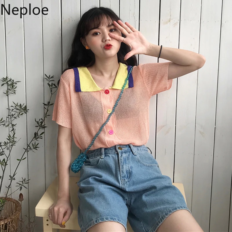 Neploe трикотажные шелковые женские футболки лето 2019 корейский отложной воротник