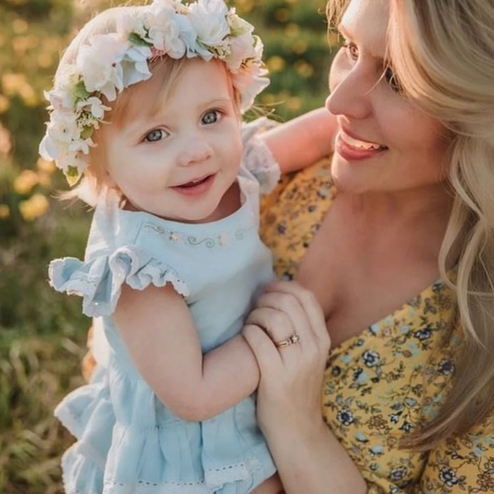 Baby Summer Clothing Sister Matching Outfits Girl Short Sleeve Flower Romper Dress Matching Layered Ruffled Outfit Set