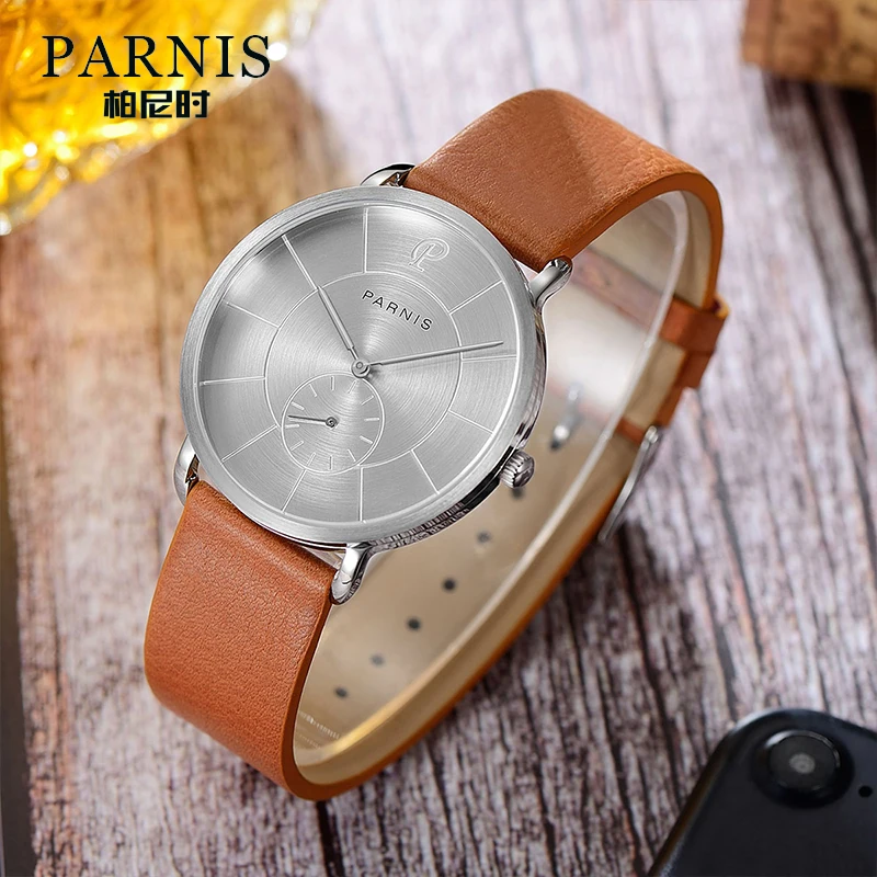 Мужские кварцевые часы Parnis водонепроницаемые с серым циферблатом 40 мм и кожаным