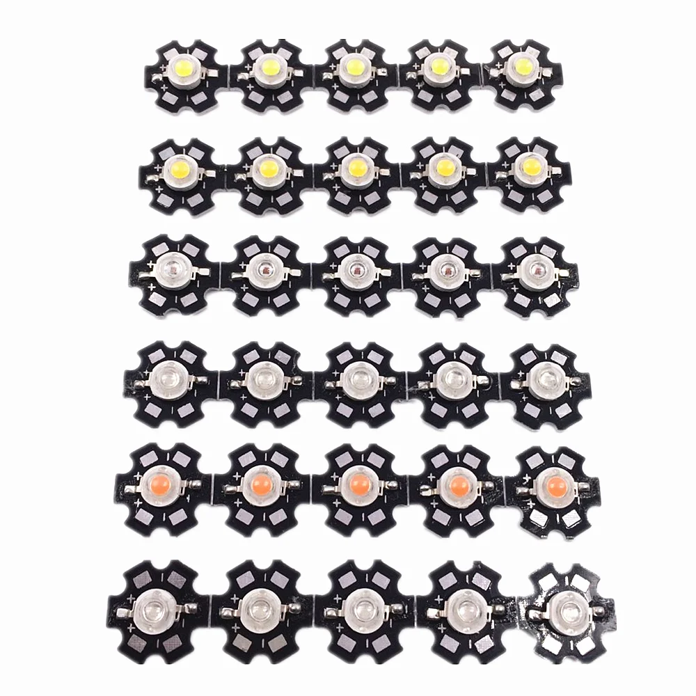 

50pcs 1W 3W High Power light emitter, Red, Green, Blue, white, Warm White, Cool White,Full Spectrum. LED with 20mm Star PCB