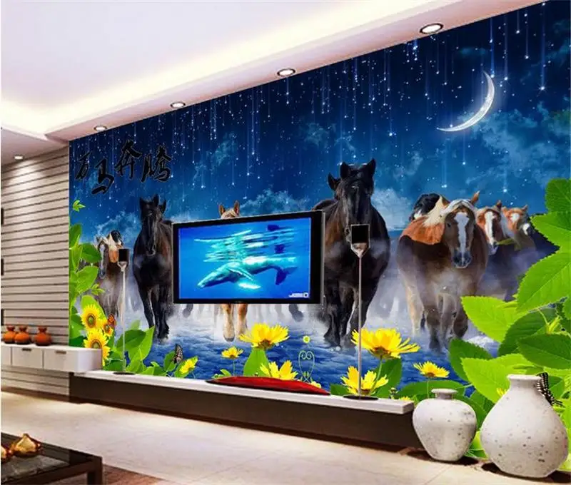 Пользовательские Настенные обои в комнату 3d фото лошадь полный пар впереди ночь