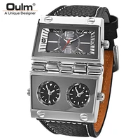 oulm three time zone 2 dials sport watches men big quartz clock male genuine leather casual military wristwatch man
