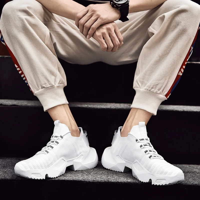 white Men Shoes Height Increasing Flats Casual lace-up Spring Summer Sock Sneakers Tenis Masculino Adulto | Обувь