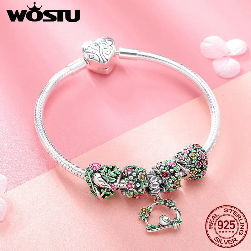 WOSTU топ продаж 925 пробы серебряные весенние цветы, листья и браслет с подвеской в виде птицы для женщин модный бренд ювелирные изделия из бисера подарок CQB804