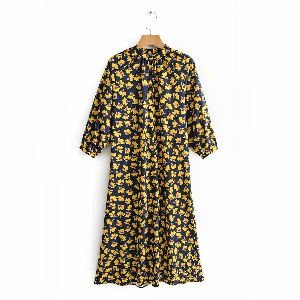 Винтаж boho желтый цветочный принт длинное платье для женщин с длинным рукавом