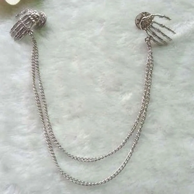 

New Gothic Punk Skeleton Hand Bone Claw Skull Clothes Collar Clip Gold Silver Chain Brooch Pins Accessories Wholesale 12Pcs