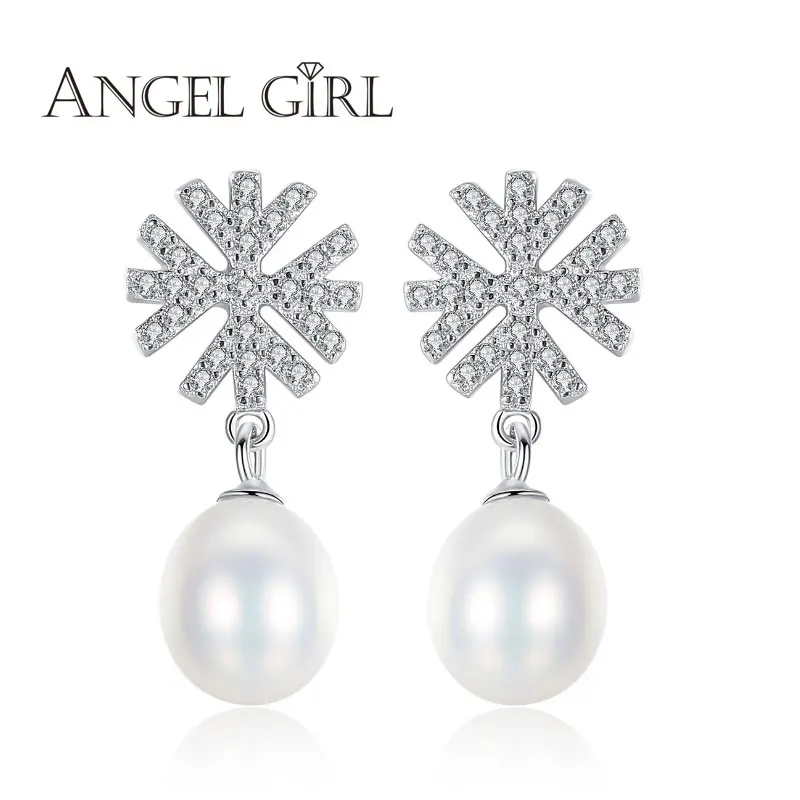 Снежинка-серьги Angel Girl для женщин с жемчугом естественного происхождения, настоящее серебряное ювелирное изделие 925 пробы. Женский подарок SE0057