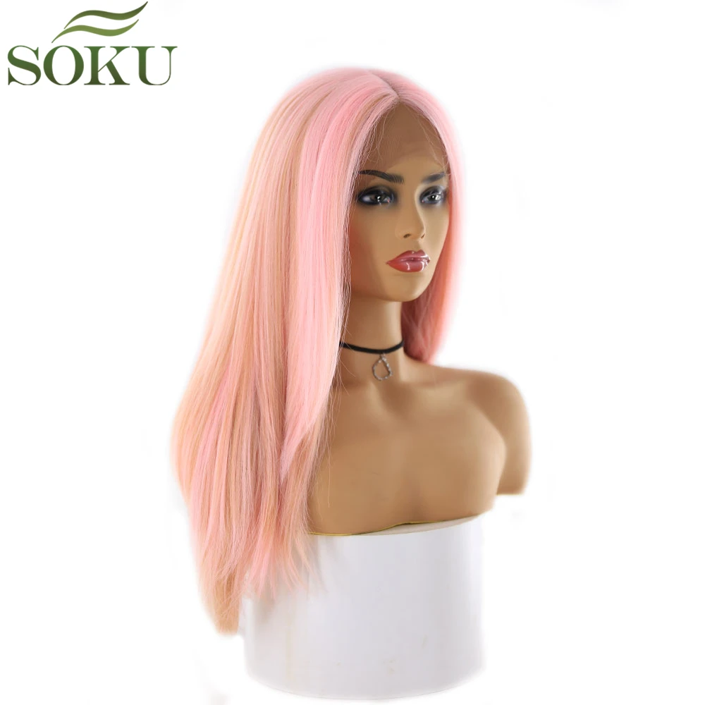 SOKU Pink Color Synthetic Lace Front Wigs For Black Women Middle Part Wig 130% Density Glueless High Temperature Fiber Wigs