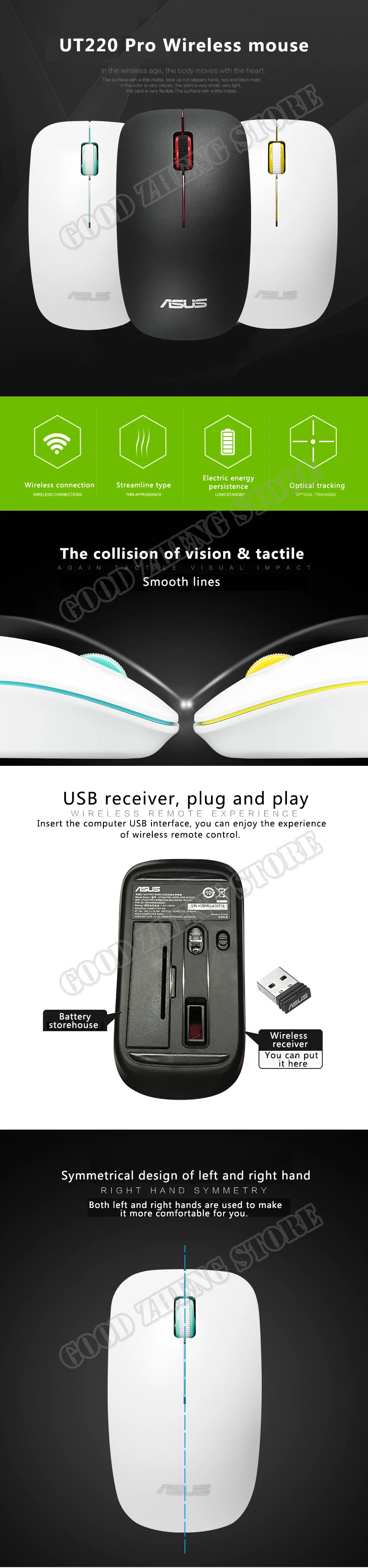 ASUS UT220 Pro 1000 dpi Беспроводная оптическая мышь, беспроводная эргономичная мышь, USB мышь для ноутбука, ПК