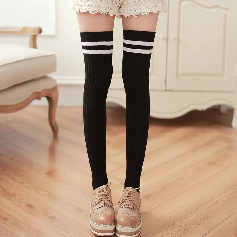 

New Pattern Women Stockings Sweet Cotton Female Stockings Thigh High Long Hosiery Vertical Bar Overknee Stocking For Girl