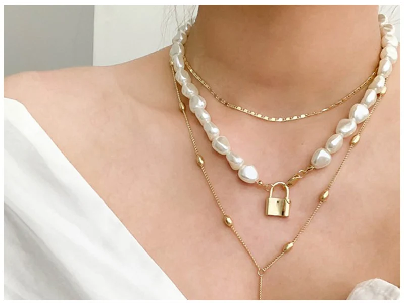 SRCOI Hip Hop Multi-layer Irregular Freshwater Pearls Chain Metal Beads Line Lock Pendant Necklace Gold Color Boemia Women Neckl