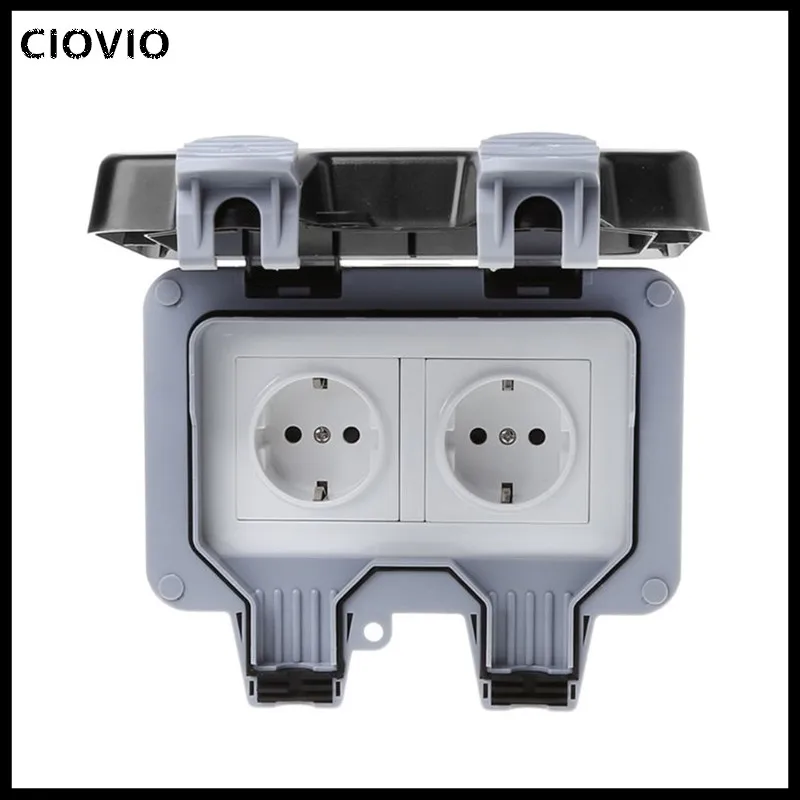 

IP66 Weatherproof Waterproof Outdoor Wall Power Socket 16A Double EU Standard Electrical Outlet Grounded AC 110~250V