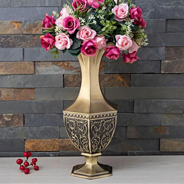 

H34cm Europe Large Retro Engraved Metal Tabletop Vases Flower Vases For Homes Decoration Accessories HP090
