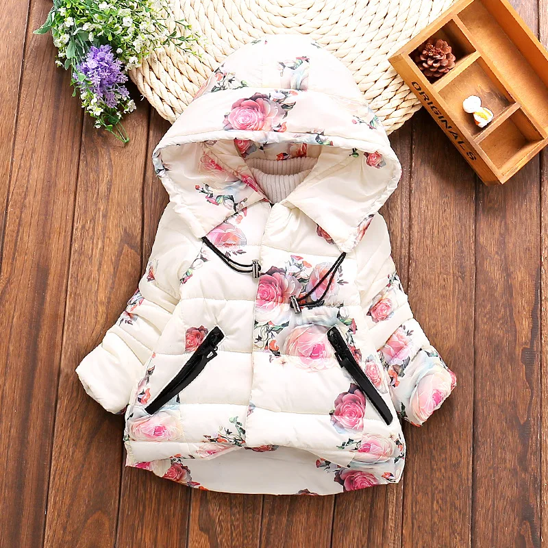 Baby Girls Floral Print Thick Warm Hooded Cotton Down Coats Snow Wear Children's Outerwears Clothes 2017 Winter |