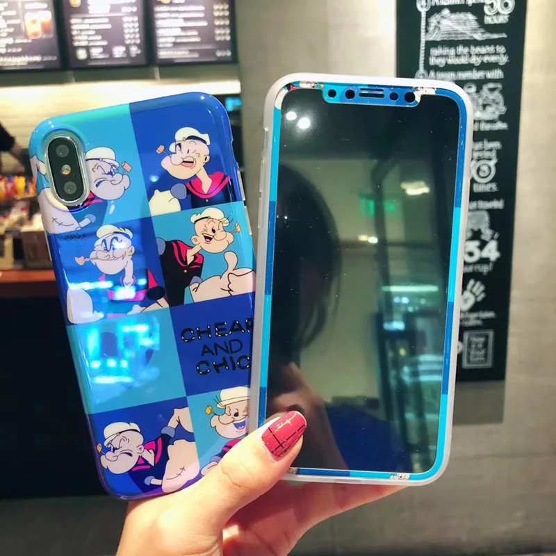 For iPhone 8plus Cute Popeye the Sailor case &ampTempered Glass Screen film X 7 7Plus 8 6 6S 6Splus Blue ray Soft Capa |