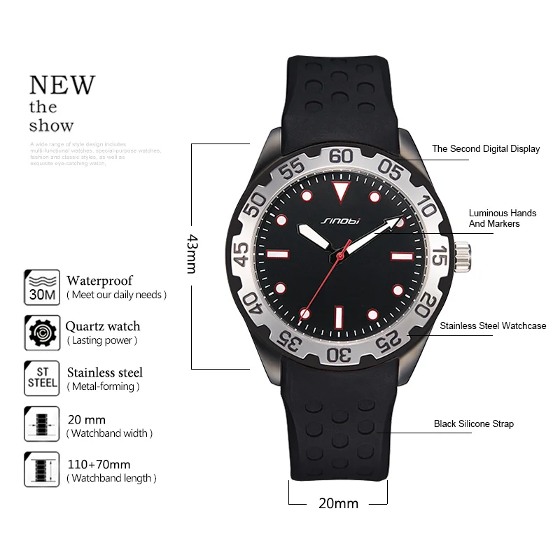 

SINOBI Men's Sports Watches Fashion Luminous Big Arabic Numerals Full Stainless Steel Black Waterproof Writewatch Clock Relogio