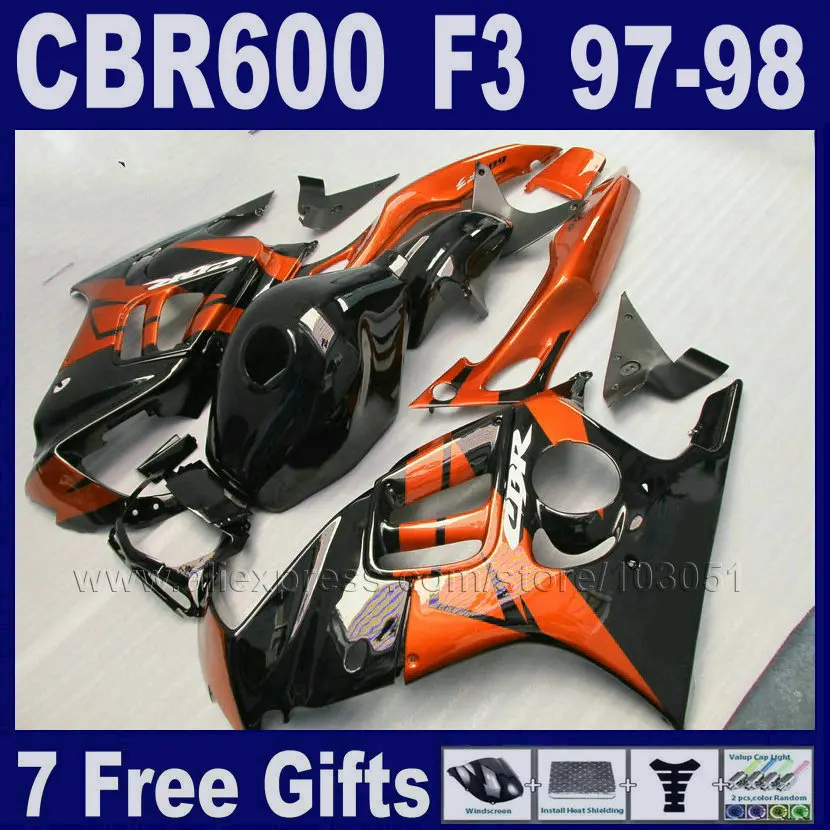 Комплекты обтекателей оранжевый ABS 7 подарков для Honda CBR 600 F3 97 98 CBR600F3 1997 1998 черные