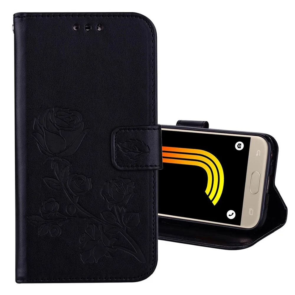 Кожаный чехол книжка с отделениями для карт и рисунком розы Samsung Galaxy J3 2017 J330|leather
