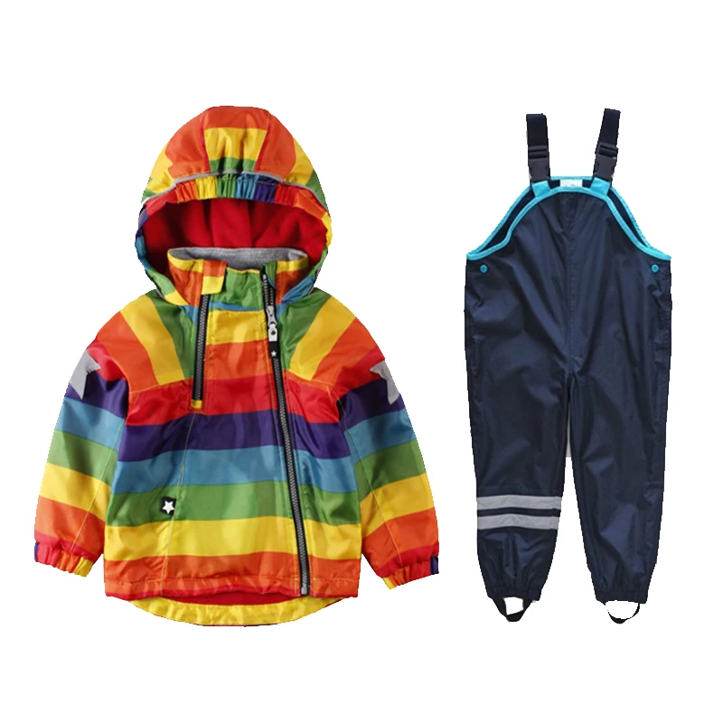 

2019 children's clothing new boys and girls rainbow striped hooded jacket jacket bib windproof rain suit