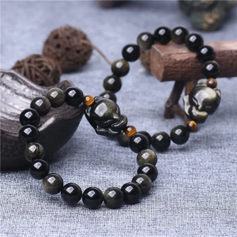 Оптовая продажа золотой черный натуральный обсидиан браслеты круглые бусины с