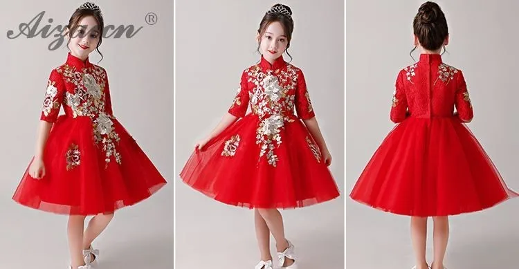 Детская одежда Cheongsam детское платье кружевное платье Ципао красного цвета принцесс вечерние платья с вышивкой в китайском одежда на год Qi Pao