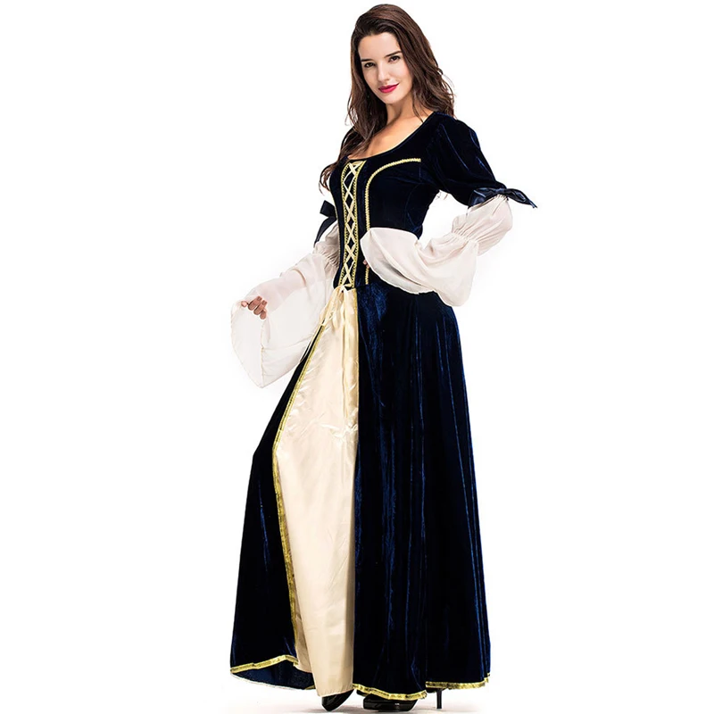 Adult Women Deluxe Medieval Dark Blue Renaissance Court Princess Bodices Costume Maiden Long Faire Velvet Gown Dress For Ladies |