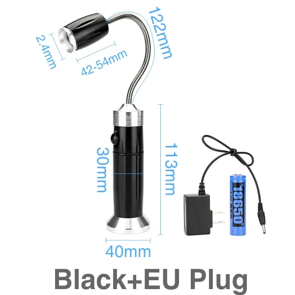 Portable LED Flashlight Multifunctional Waterproof Working Lamp Magnetic Base Flexible Gooseneck Adjustable Focus Light For BBQ - Wattage: Black with EU Plug