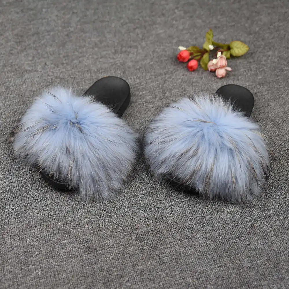 Raccoon Light Blue Женские шлепанцы с натуральным мехом енота; модные стильные шлепанцы; сезон весна-осень-зима; Домашние вьетнамки на плоской подошве; S6020A - Цвет: Raccoon Light Blue