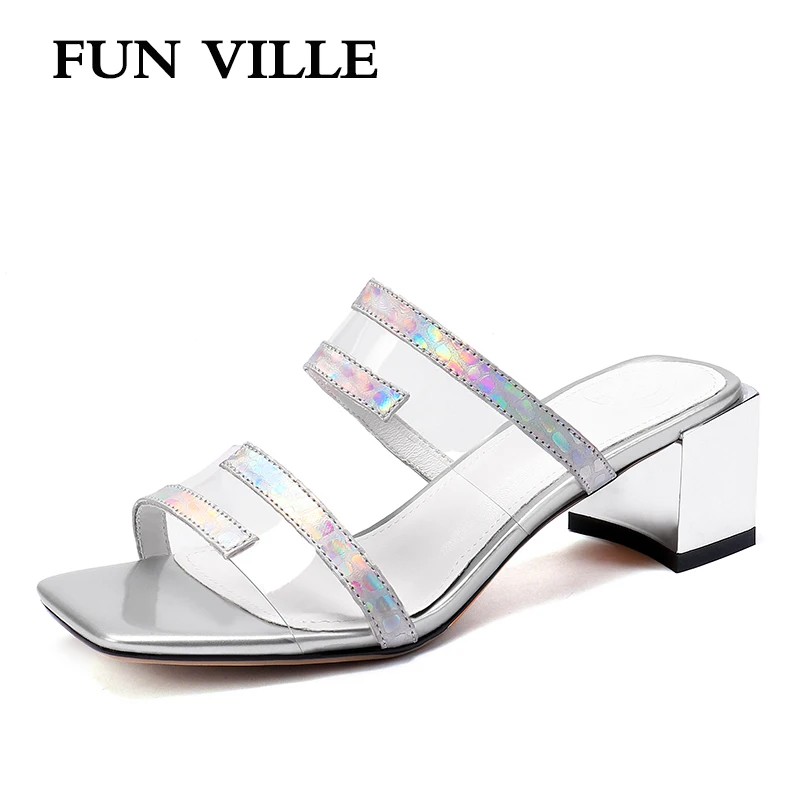 

FUN VILLE Silver New Fashion Women Summer shoes Women Slippers Genuine leather high heels shoes open toe sexy ladies shoes