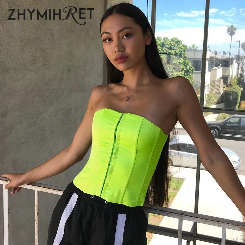 Женский топ на шнуровке ZHYMIHRET неоновый зеленый укороченный с поясом