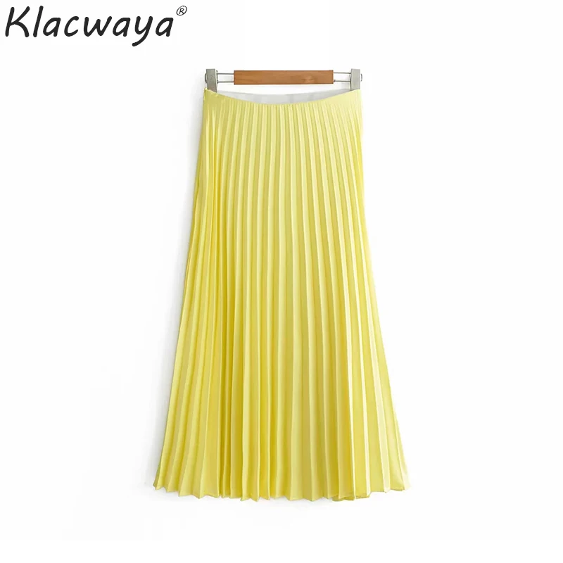 Фото Женская плиссированная юбка Klacwaya желтая пляжная средней длины с высокой талией
