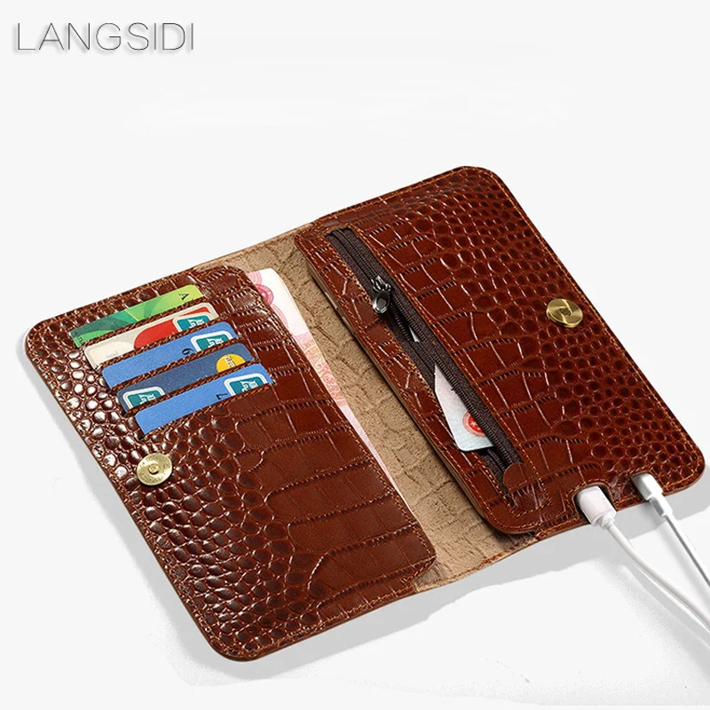 LANGSIDI brand genuine calf leather phone case crocodile texture flip multi-function bag for iPhone 6S Plus hand-made | Мобильные