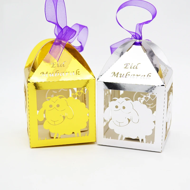 

Eid Mubarak Supplies Metallic Gold and Silve Candy Box Laser Cut Cute Sheep Favour Box for Wedding
