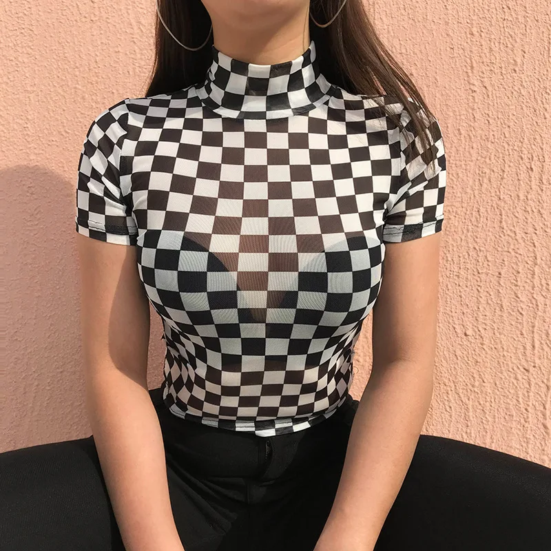 Liva Girl клетчатый сетчатый укороченный топ футболка женская летняя с высоким