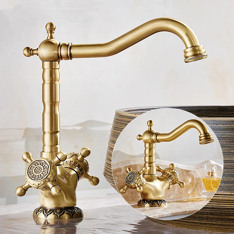 

Basin Faucet Antique Bronze Carved Dual Handle Faucet Hot & Cold Sink Faucet Mixer Kitchen Tap Bathroom Faucet Lavatory Mixer