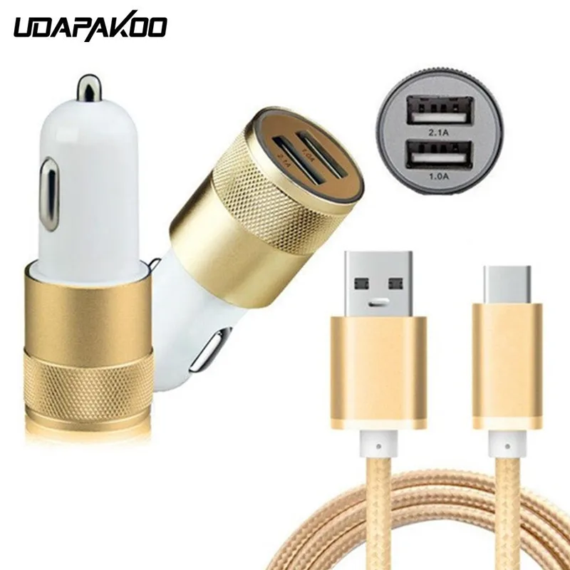 Автомобильное зарядное устройство с двумя usb портами плетеным кабелем 1 м типа C