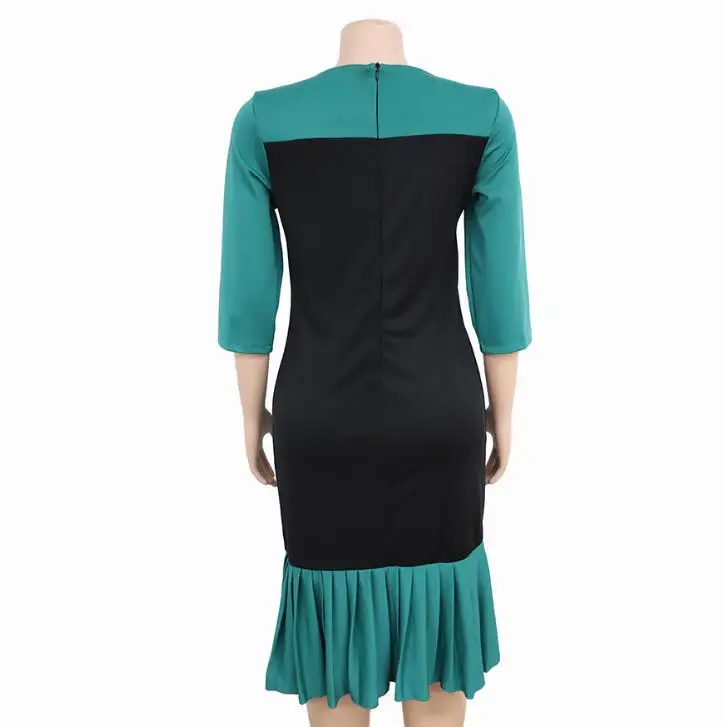 

Elegant Dress Women Patchwork Slim Bodycon Pleated O Neck Midi Dresses African Clothing Fashion Office Lady Business Work Wear