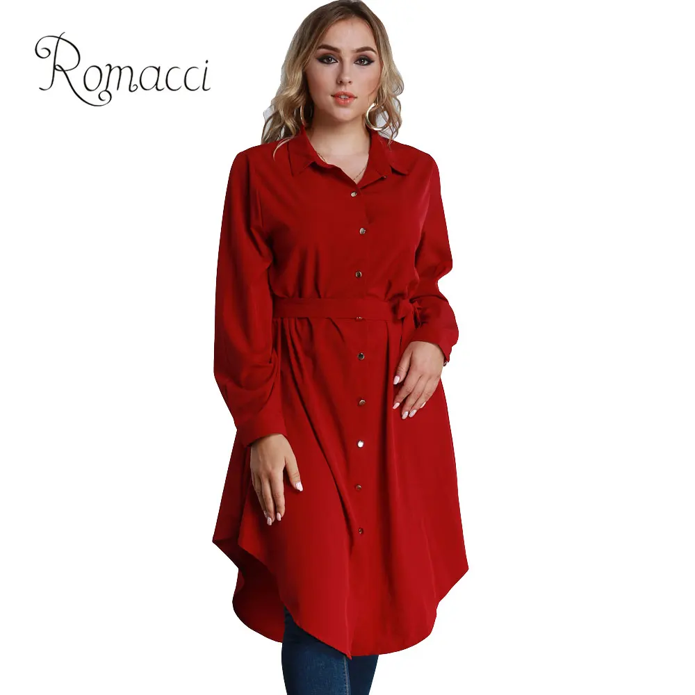 Romacci 4XL 5XL 6XL Plus Size Shirt Dress Women Long Sleeve Irregular Hem Belted Solid Casual Tunic Blouse Tops | Женская одежда