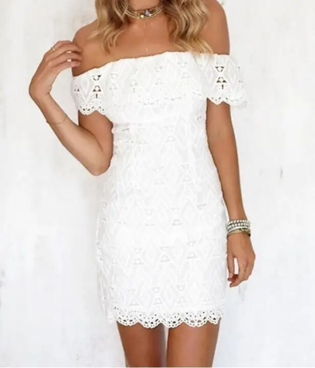 Модное сексуальное белое кружевное платье с открытыми плечами летнее облегающее