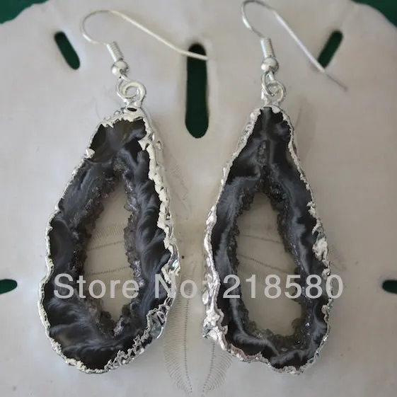 H QE04 5 парт/Лот черные серьги с серебряным покрытием|earrings geodes|geode slice earringsdruzy agate