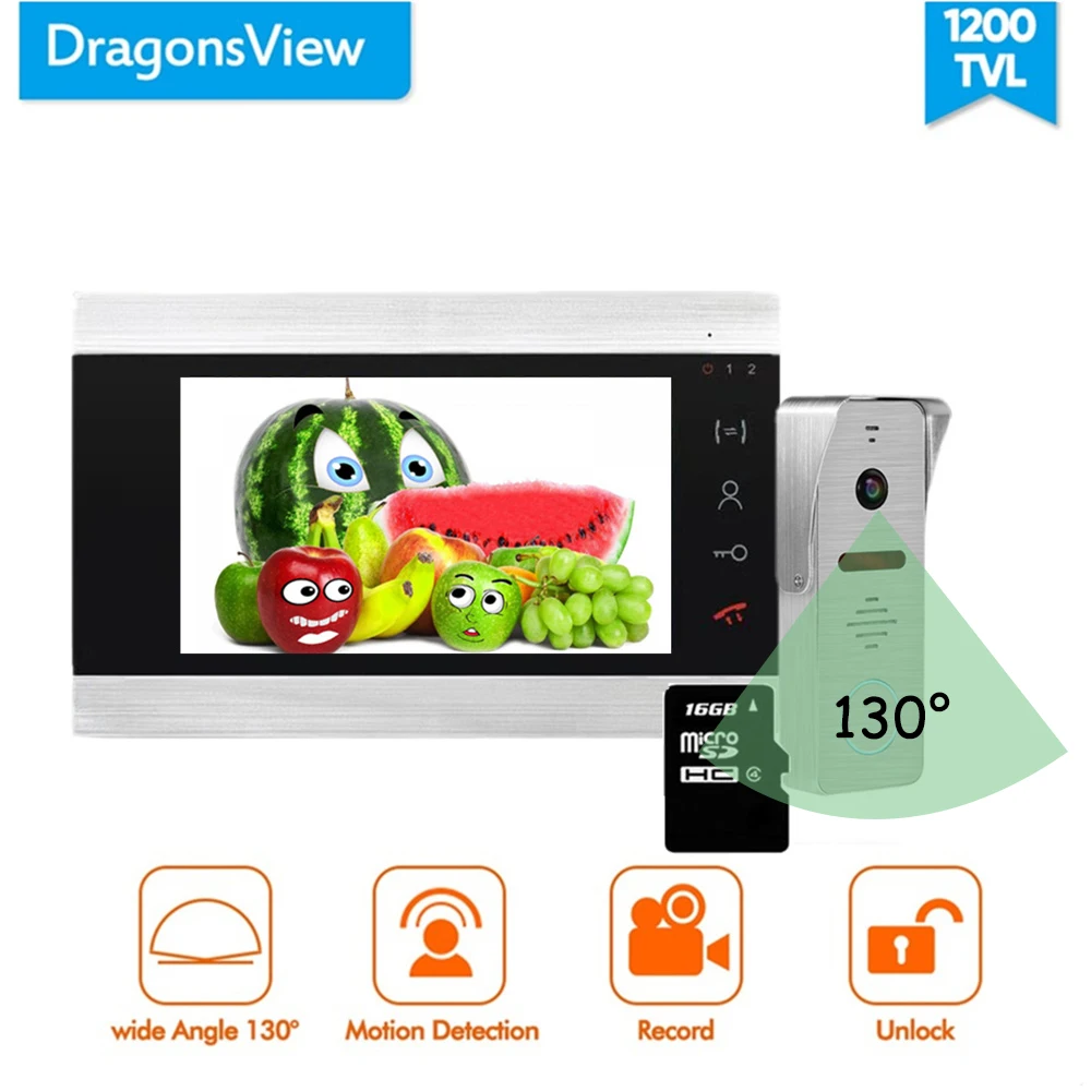 Dragonsview видео телефон двери 7 дюймов дверной звонок Домофон разблокировка система записи 16 Гб sd-карта сенсорная кнопка широкий угол 130 градусов