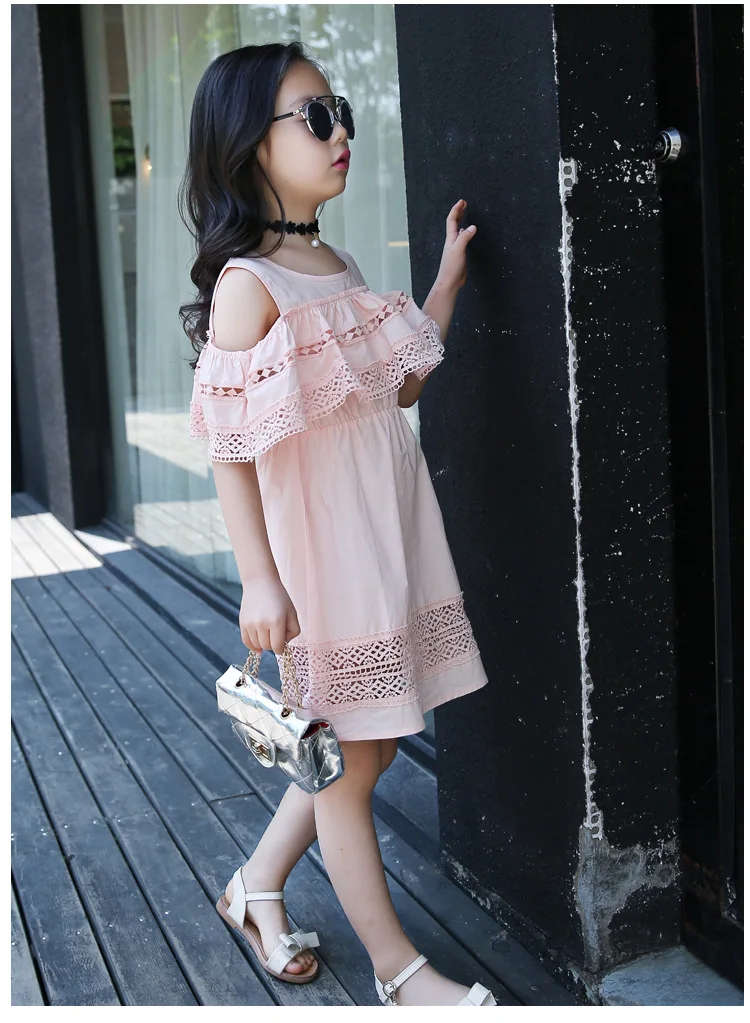Girls Off Shoulder Dress 2020 Summer Style Lace with Sleeves Teenage Fashion Cotton Hollow Out Clothes | Детская одежда и обувь