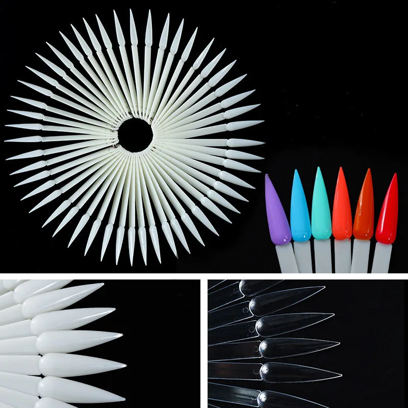 50pcs False Nails Sharp Fan Shaped Nail Art Polish Color Card Acrylic Practice Chart Palette Buckle Ring Display Manicu | Красота и