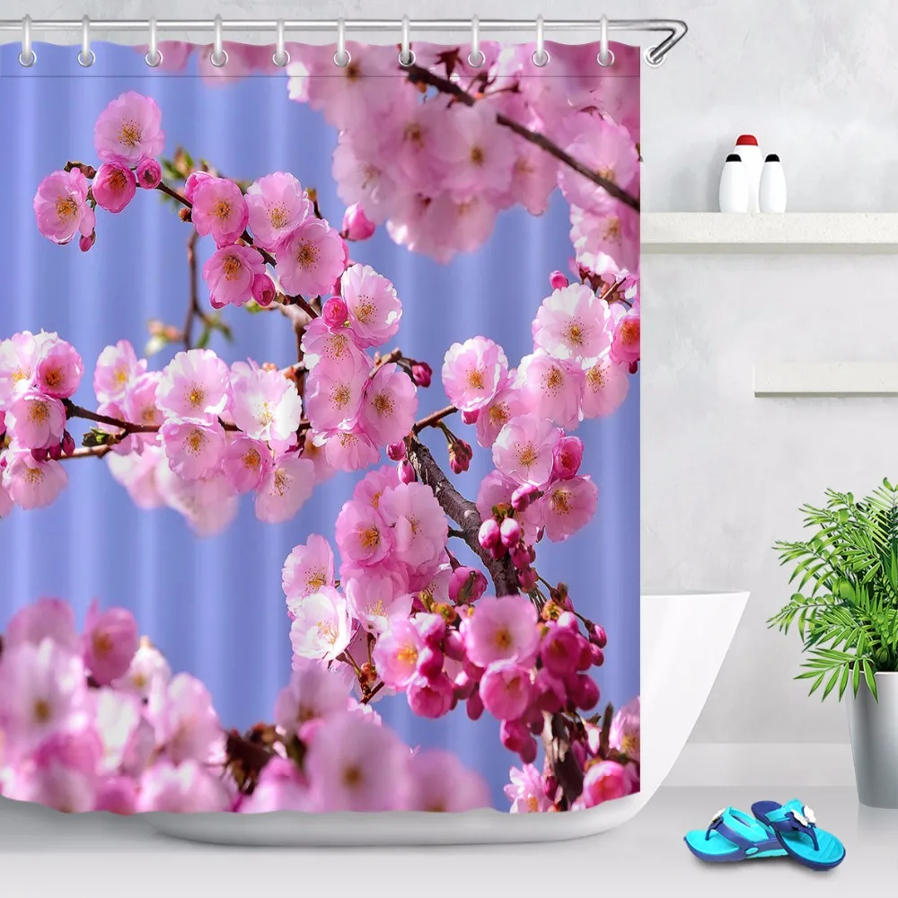 

LB Pink Flower Shower Curtain Nature Scenery Bathroom Extra Long Waterproof Mildew Resistant Polyester Fabric for Bathtub Decor