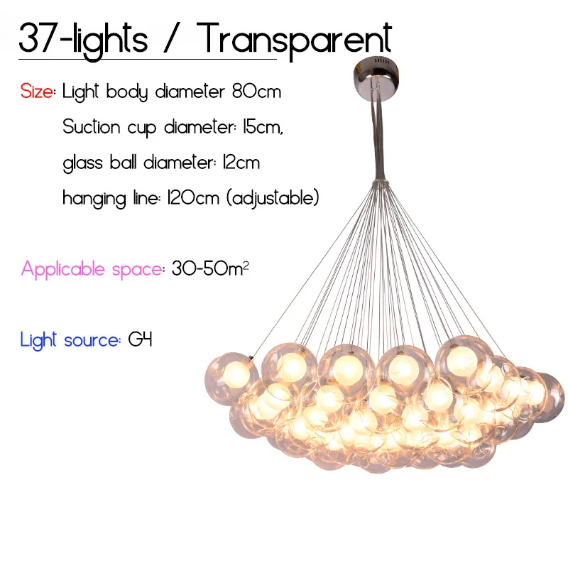 37Balls Transparent Современный светодиодный красочный стеклянные шаровые подвесные светильники, креативный дизайн для столовой, гостиной, бара, светодиодный G4 96-265 в, стеклянные светильники - Цвет корпуса: 37Balls Transparent