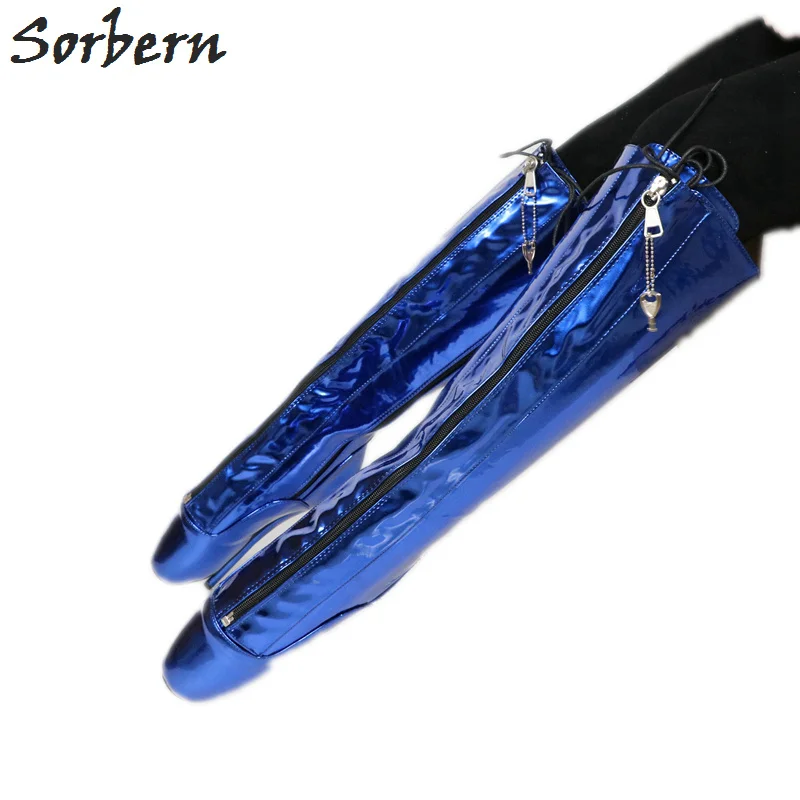 Голубые балетки Sorbern на шпильках сапоги до колена с цепочкой закрывающиеся туфли