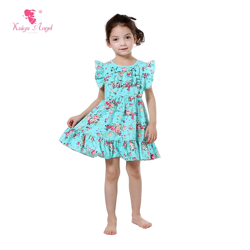 2017 New Girls Dress Floral Print Girls Dresses Summer Spring Cotton Mint Aqua Girls Clothes Spring Dresses 2017 Kids Party