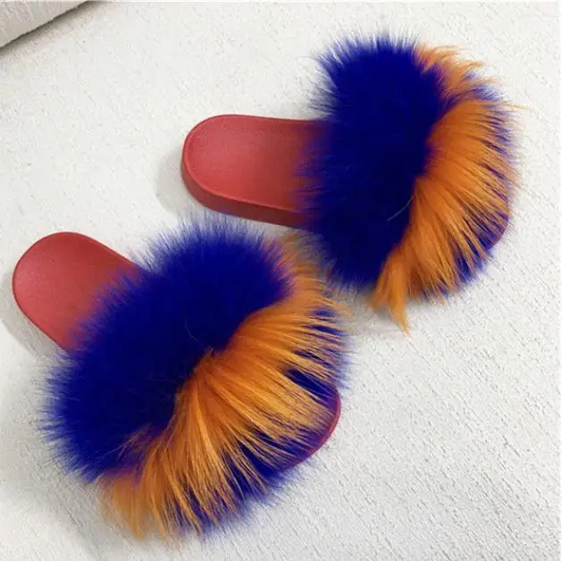 

2020 Real Fox Fur Slippers Slides Shoes Furry Fuffly Slipper Flip Flops Sandals Sliders Drag Sandal Summer Shoes Women